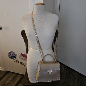Most Wanted Good Vibes Only Studded Handbag Crossbody Gold Purse PVC BNWT